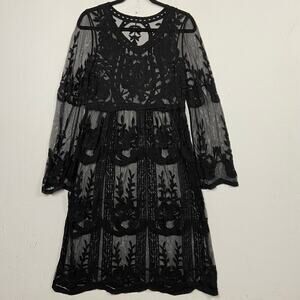Lacey Black Embroidered Sheer Mesh Witchy Goth Dark Cottage Midi Dress Medium